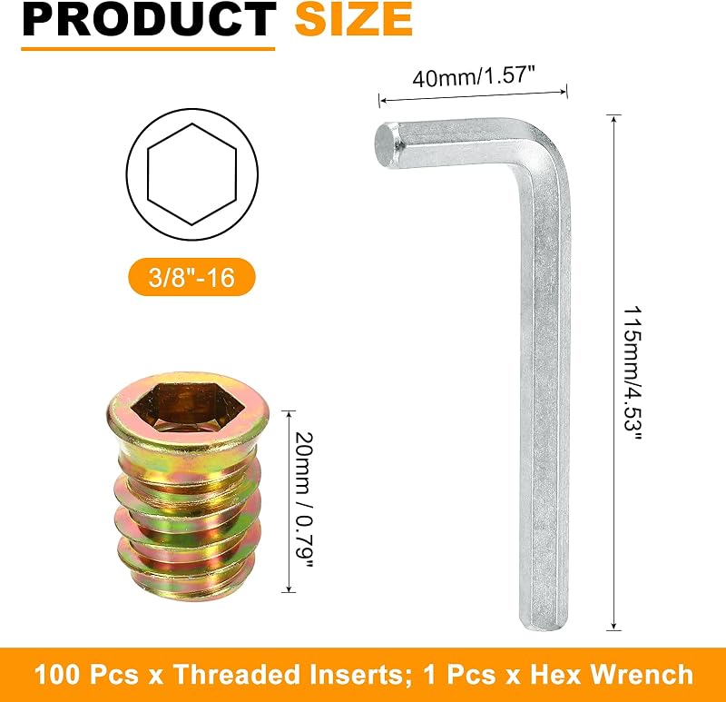 100 Pzas insertos roscados madera 3/8" acero carbono