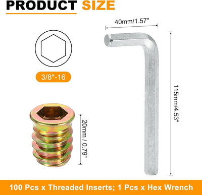 100 Pzas insertos roscados madera 3/8" acero carbono