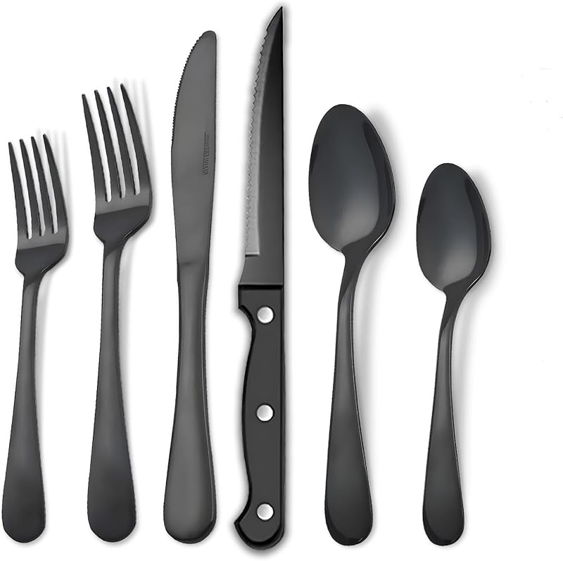 Set 24 Pzas Cubiertos Acero Inox Negro Pulido Espejo