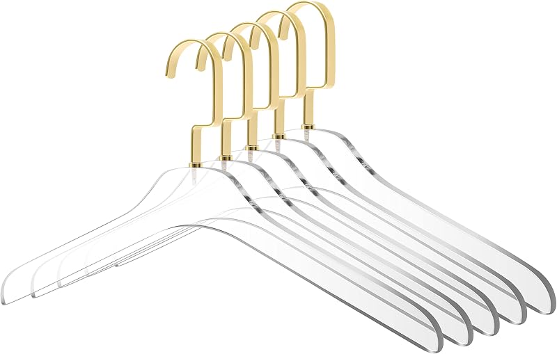 Perchas acrílico transparente 15pulg set 5 ganchos dorados mate