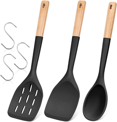 3 Pzas Espátulas Silicón Antiadherentes Mango Madera Negro