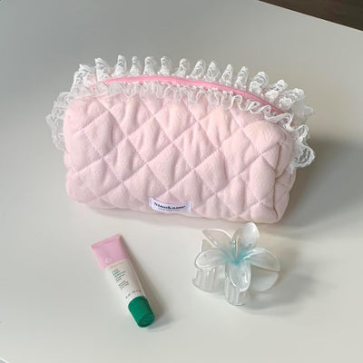 Bolsa maquillaje acolchada rosa reutiliz. de encaje