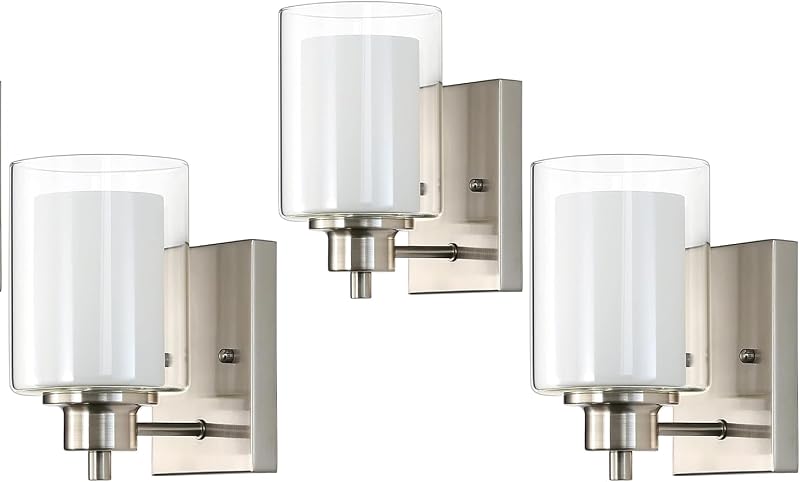 3 Pzas Lámpara Baño Níquel Cepillado Vidrio Doble Estilo