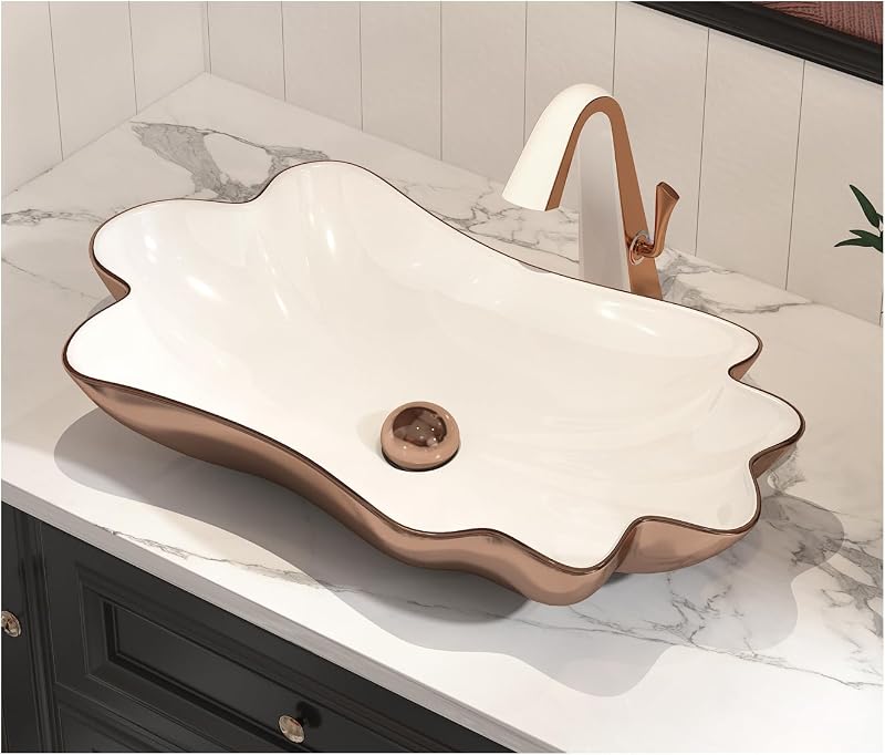 Lavabo cerámica flor loto 24" oro rosa con drenaje