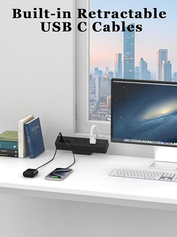 Regleta escritorio con USB-C retráctiles 20W y 3 enchufes CA
