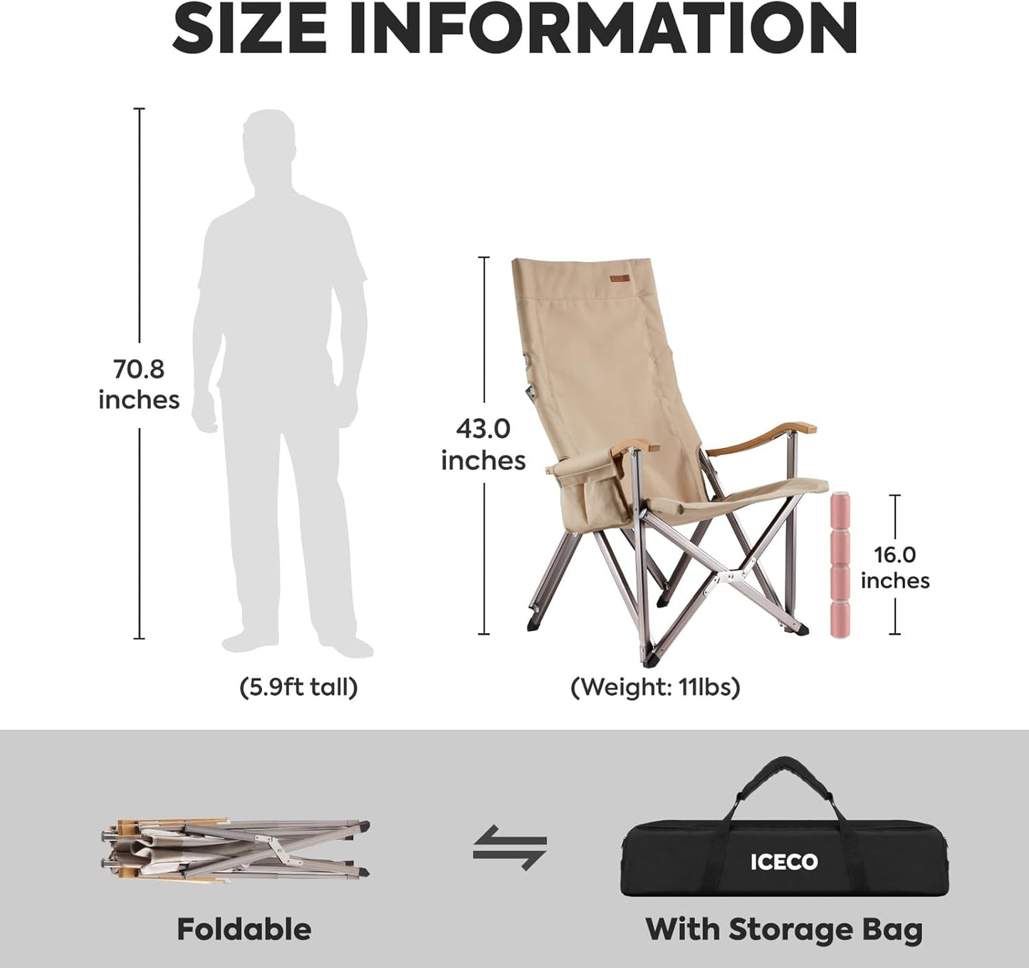 Silla camping respaldo alto plegable resistente con bolsa