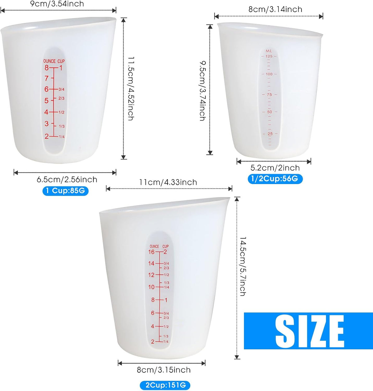 3 Pzas Tazas Medición Silicón 2 1 0.5 Taza Flexibles
