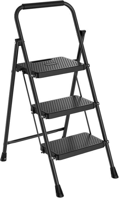 Escalera plegable 3 escalones acero negro antideslizante