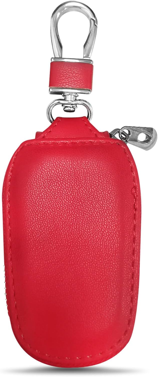 Funda llave automóvil cuero con gancho y bolsa cremallera rojo
