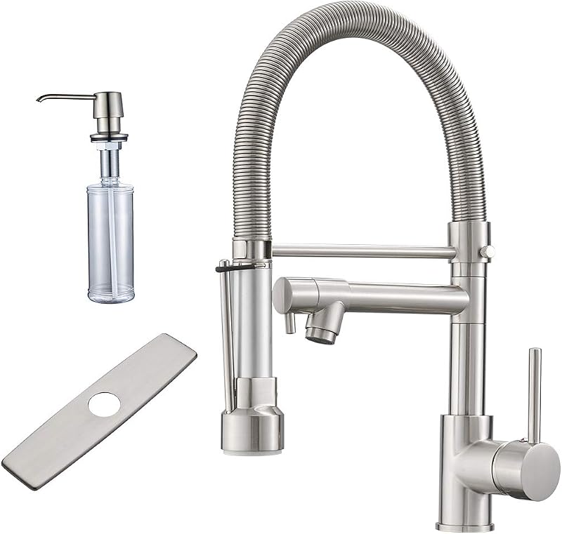 Grifo cocina con rociador y dispensador jabón níquel