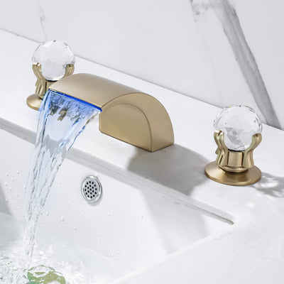 Grifo baño cascada LED 3 agujeros 8pulg perillas latón oro