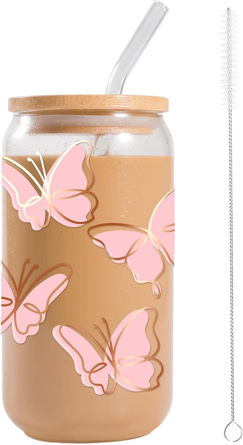 Taza de vidrio de mariposa rosa con tapa y pajita 16 oz linda regalo kawaii