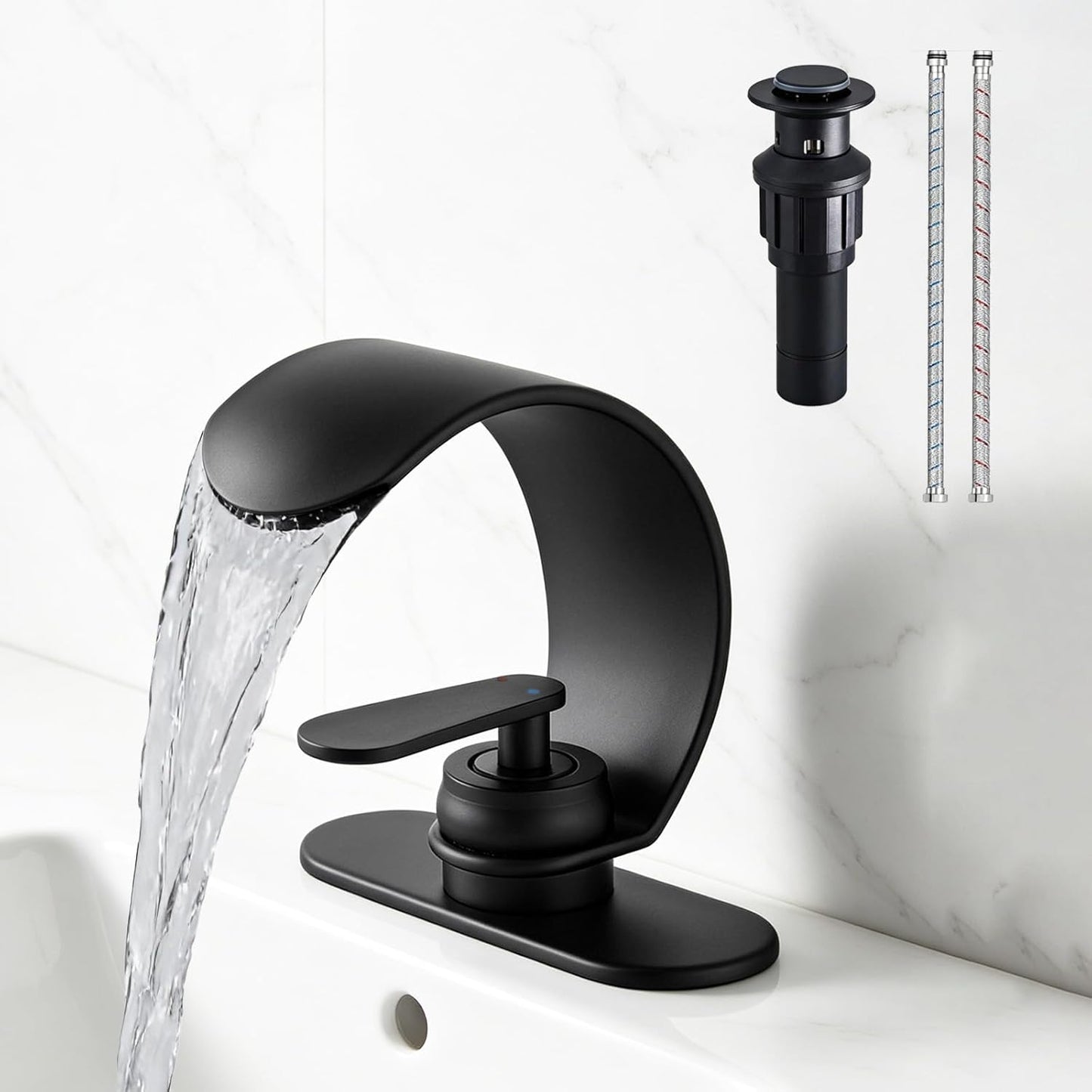 Grifo lavabo baño cascada negro mate acero inox 1 manija