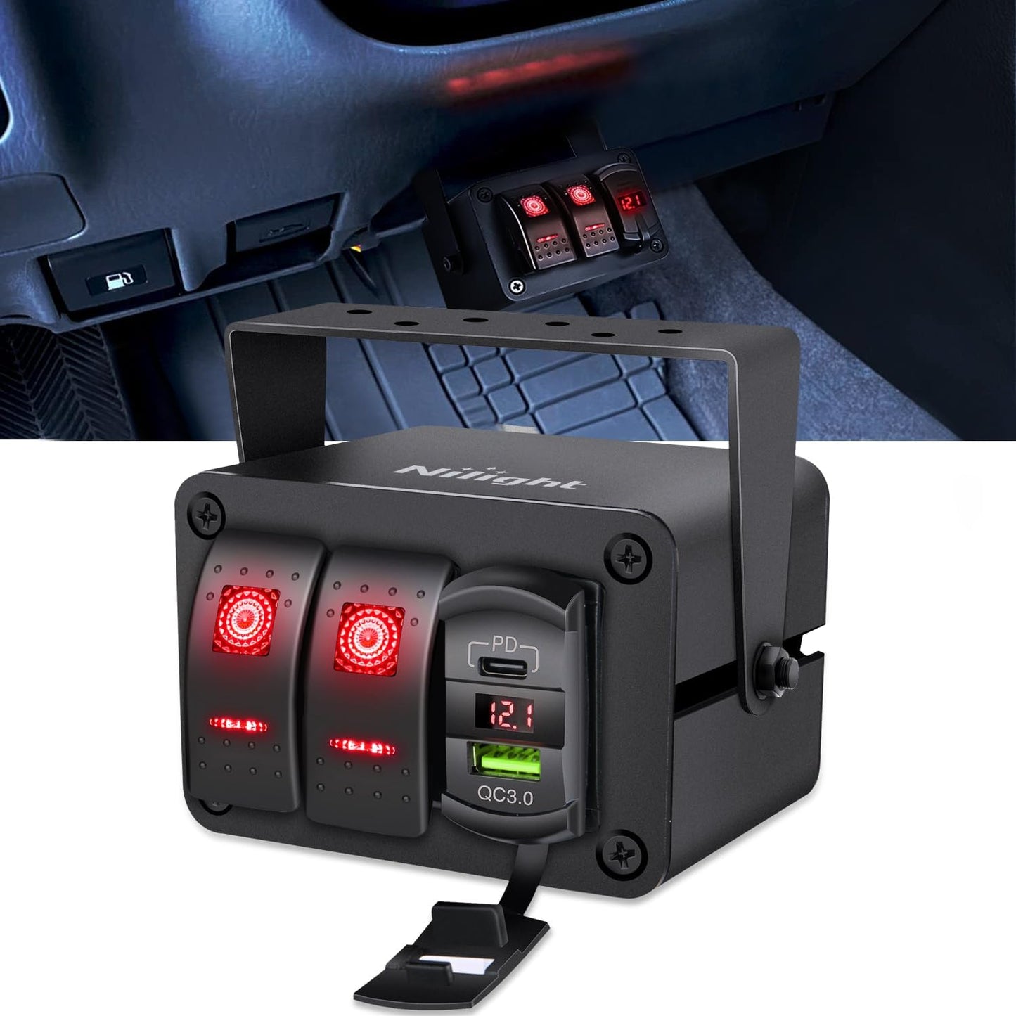Caja interruptor basculante 12V SPST tipo C con USB QC 3.0