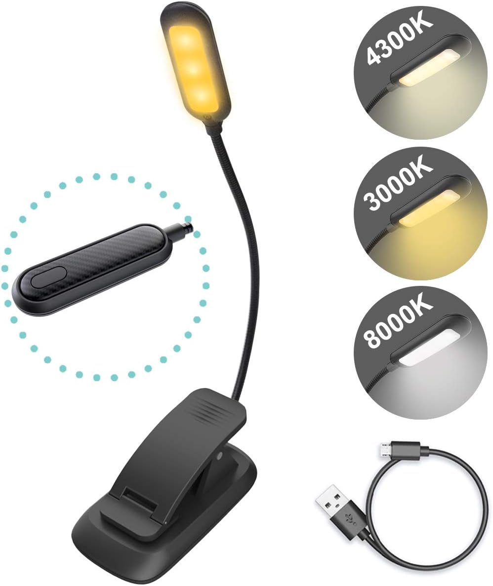 Luz lectura recargable con clip 3 modos brillo regulable para niños