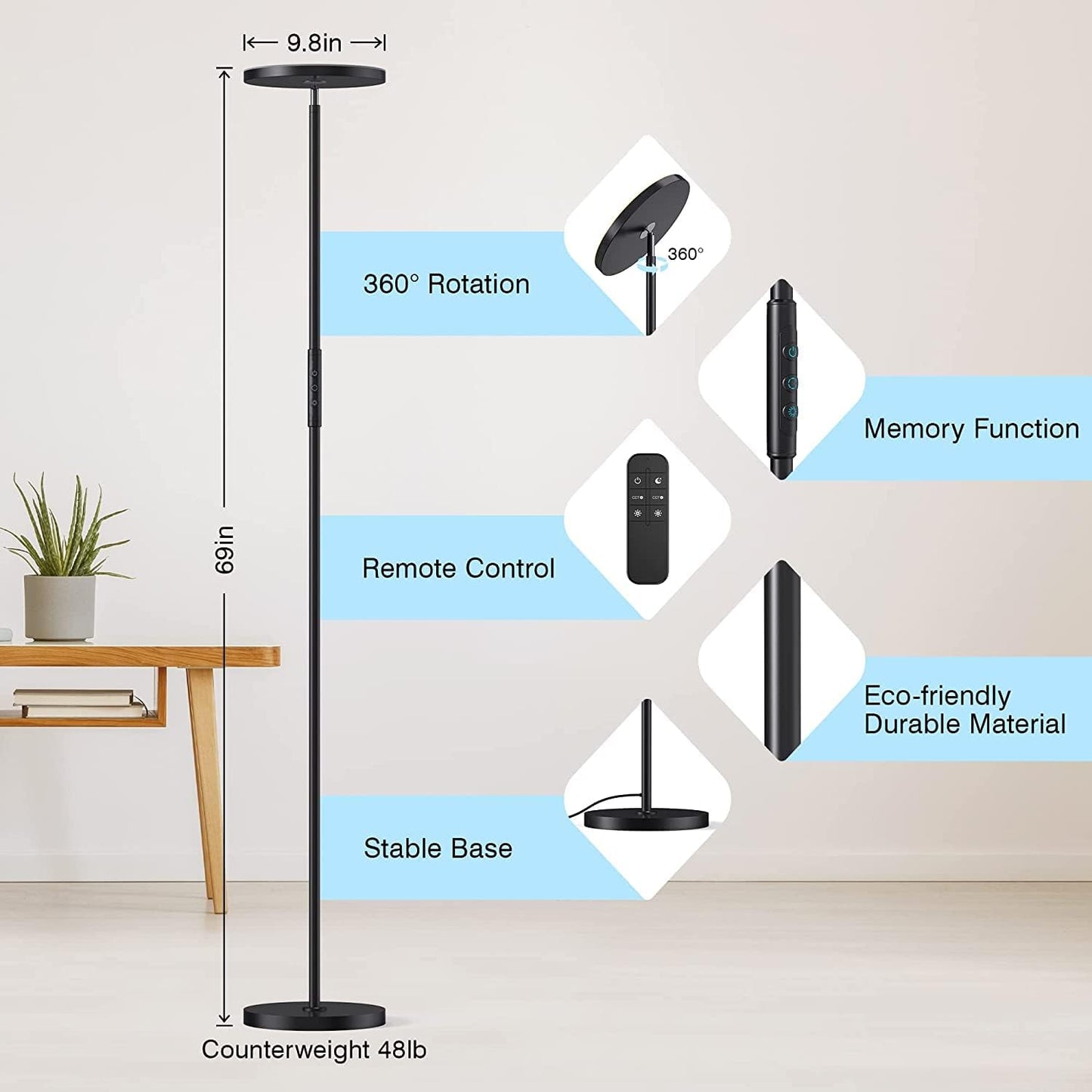 Lámpara pie sala led moderna con control remoto 69pulg