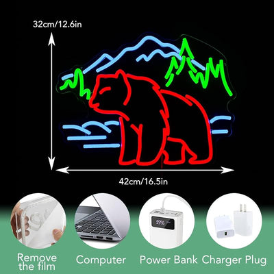 Letrero neón oso y montañas LED regulable USB decoración