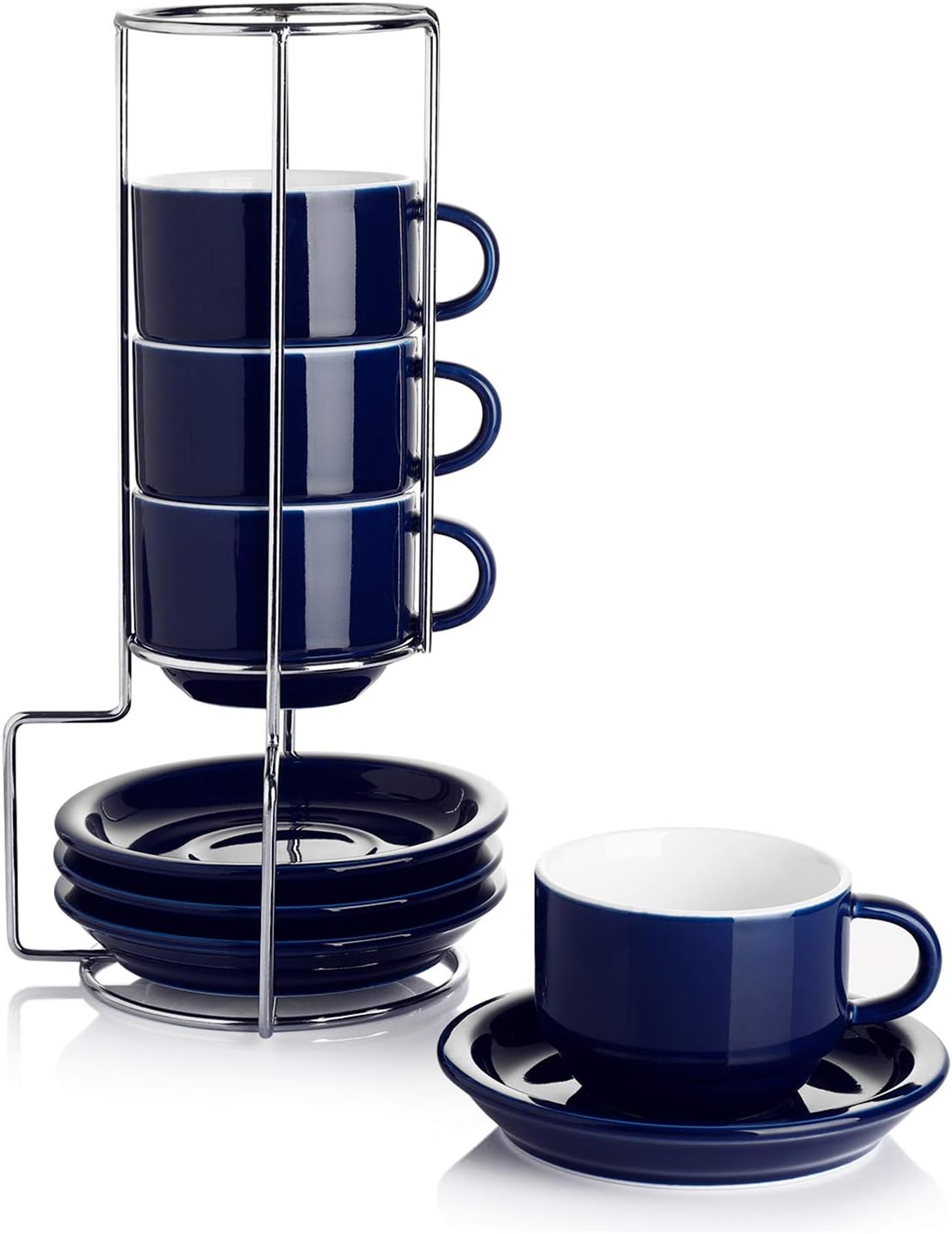 Set 4 Tazas Porcelana 2.5oz con Platillos y Soporte Metal Azul