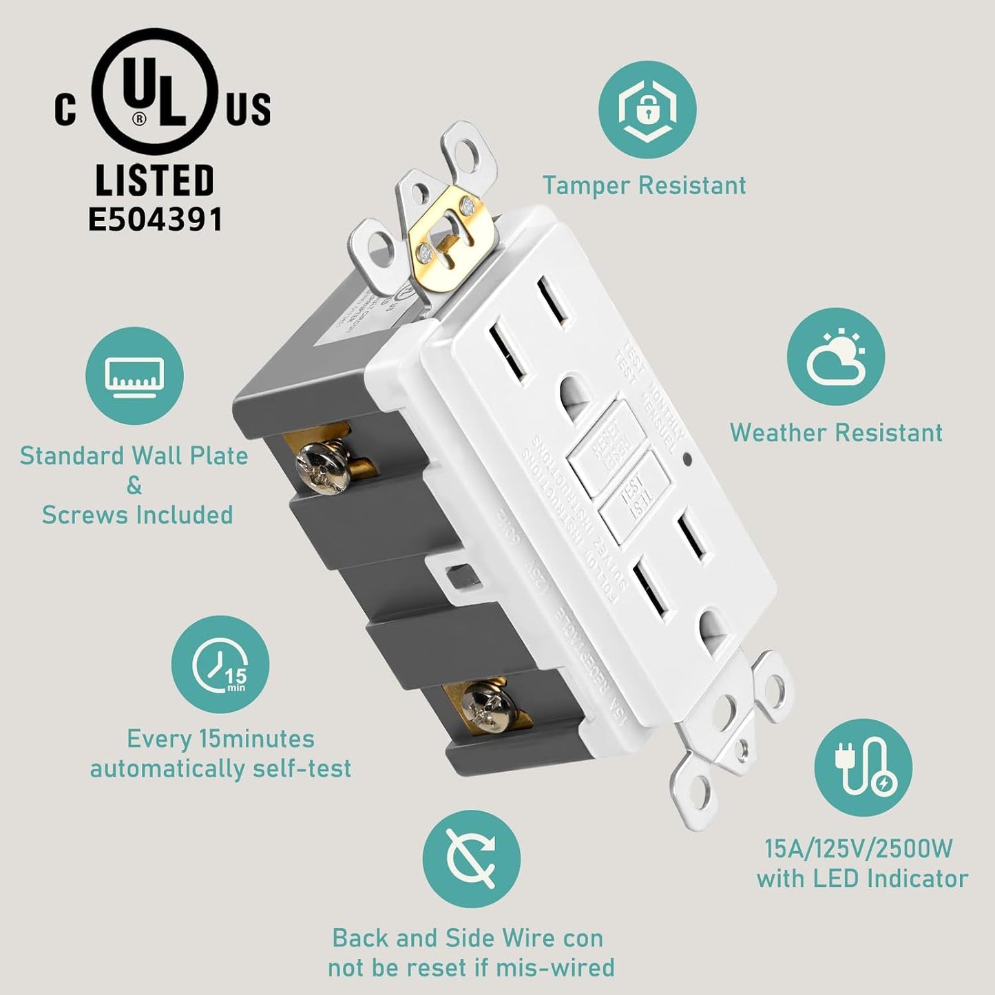 10 Tomas GFCI 15A Autocomprobación LED Resistente UL