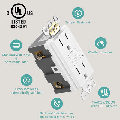 10 Tomas GFCI 15A Autocomprobación LED Resistente UL