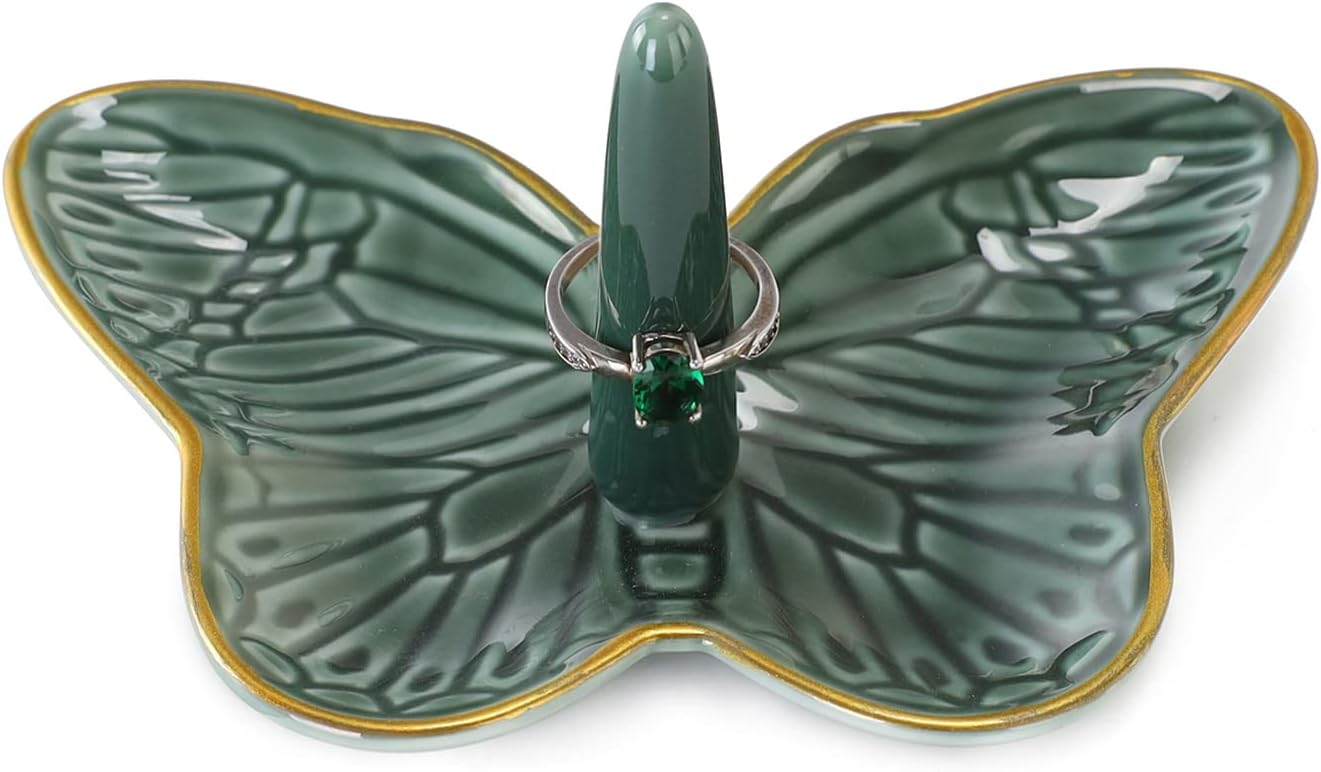 Soporte anillos mariposa decorativo cerámica verde