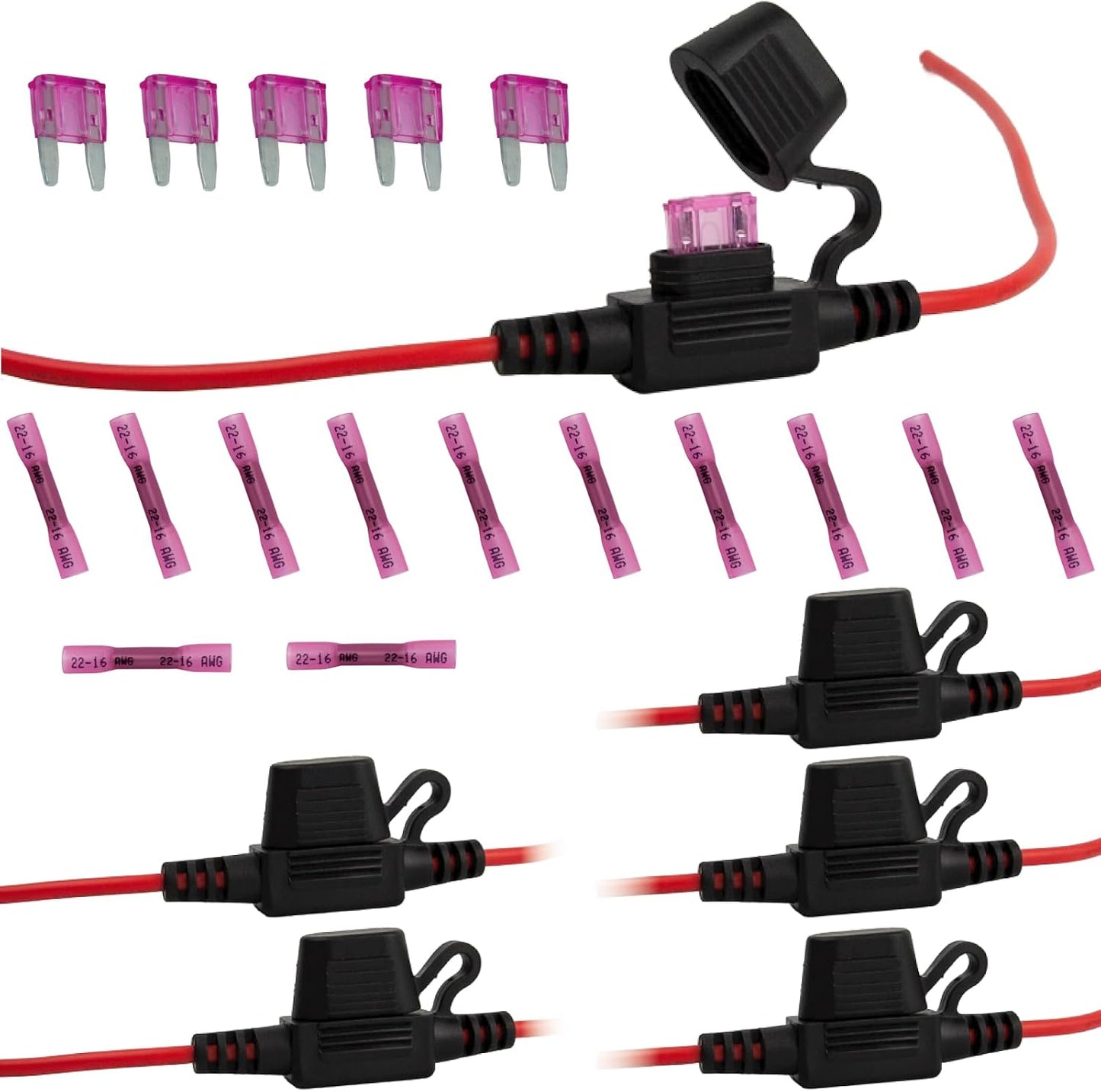 Juego 6 portafusibles 16 AWG 10A con conectores termorretráctiles