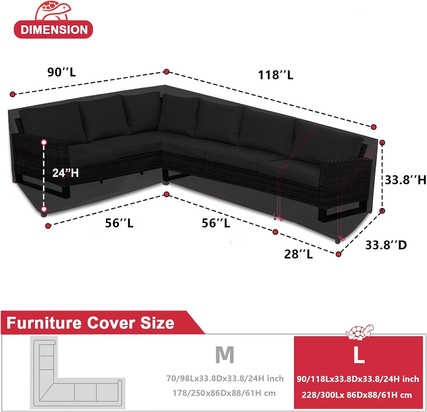 Funda sofá patio forma L 90x118" resistente UV y agua negro