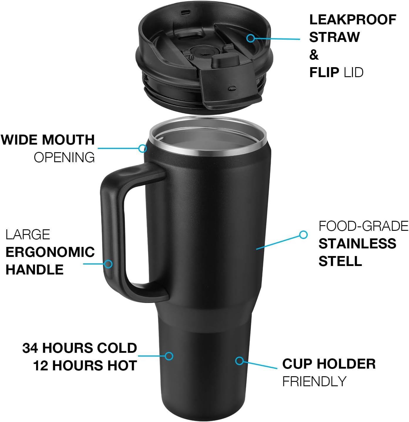 Taza térmica acero inox 50oz con pajita y tapa negro