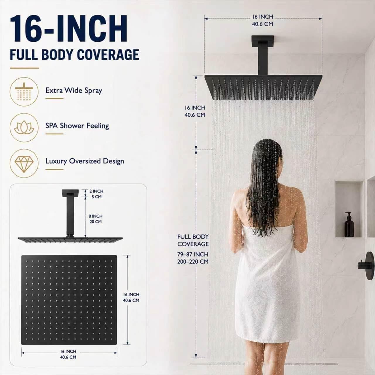 Cabezal ducha cuadrado 16pulg acero inox negro mate