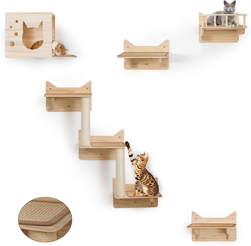 Estantes pared gatos 9 Pzas perchas 2 postes sisal escalera
