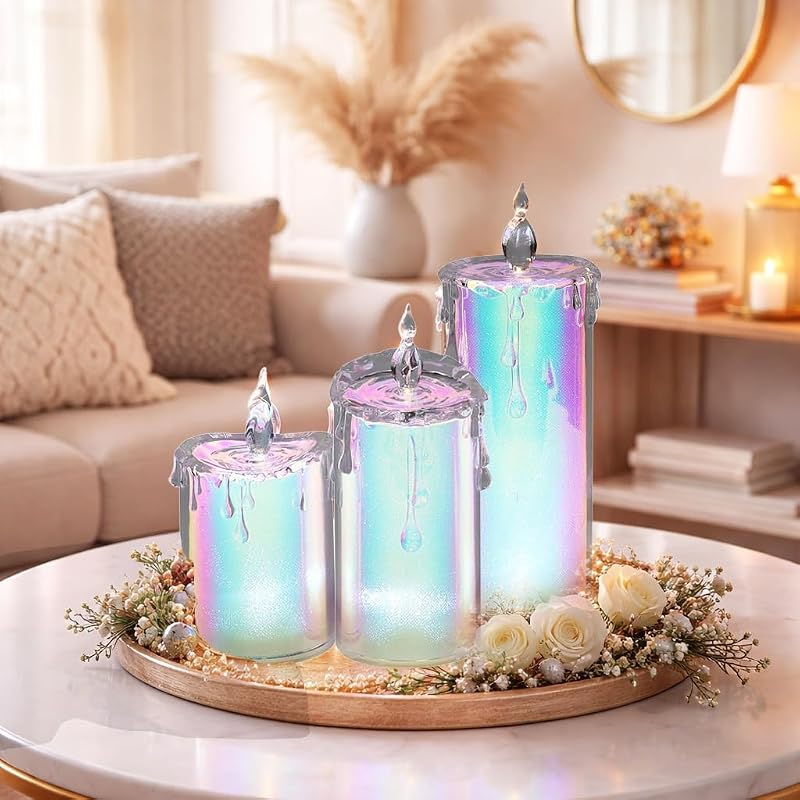 3 Velas Holográficas LED Acrílico Brillante Sin Llama