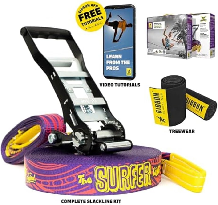 Slackline Surferline 98pies con ropa árbol morado y