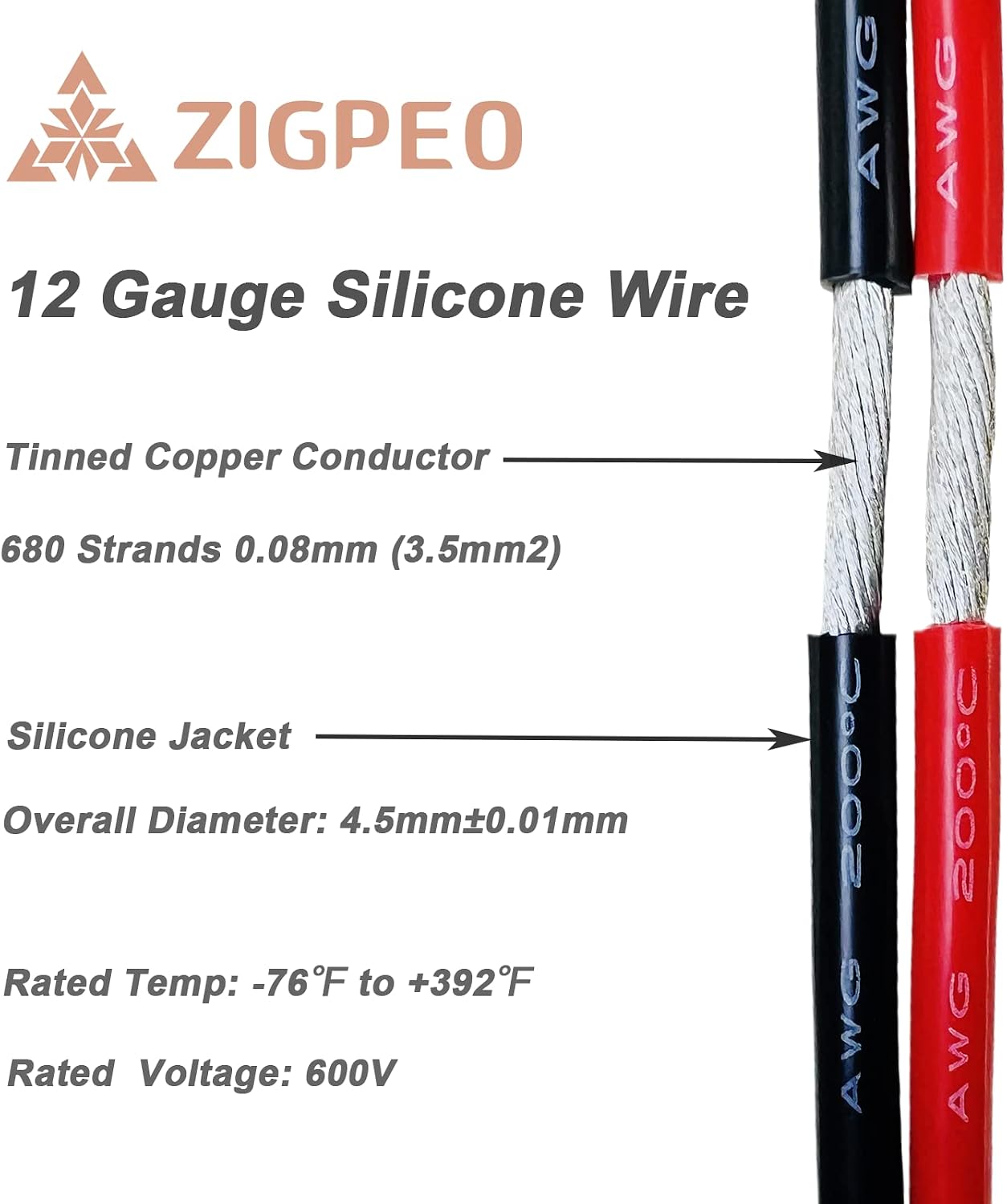 Alambre silicona 12 AWG 50ft naranja cobre trenzado 600V