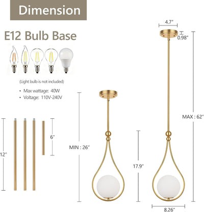 Luces colgantes doradas globo cristal blanco cocina comedor 1 pack