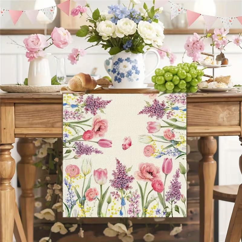Camino mesa primavera tulipán rosa lavanda mariposa 13x72pulg