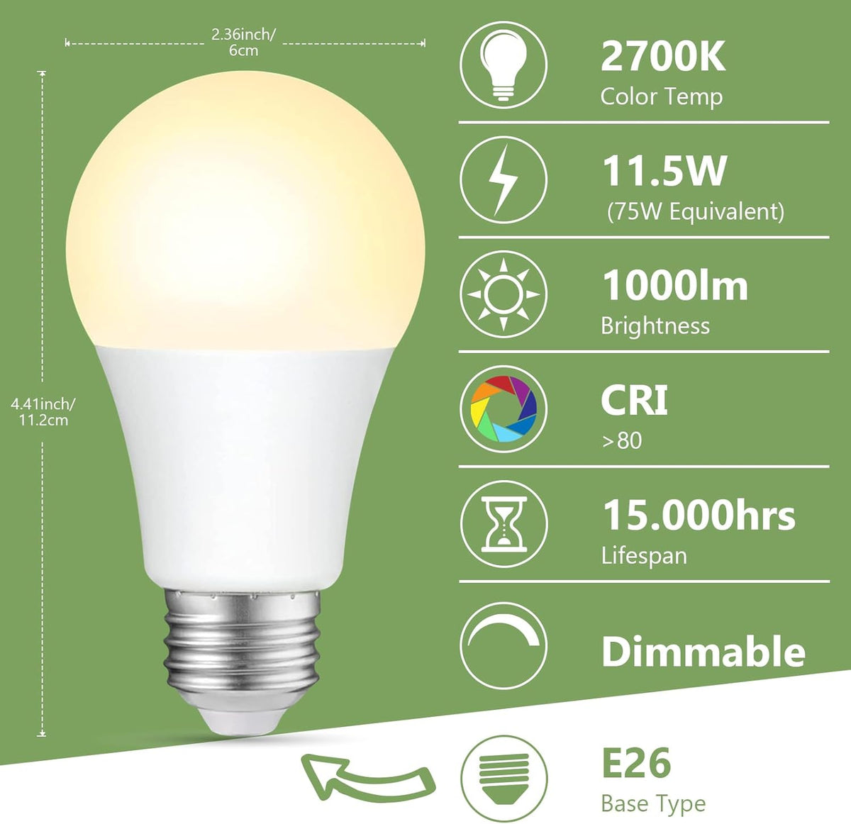 Bombilla LED A19 regulable 11.5W blanco suave E26