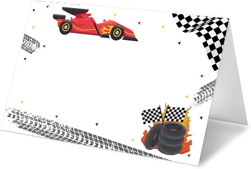 Tarjetas lugar mesa coche carreras 25 pzas plegables blancas
