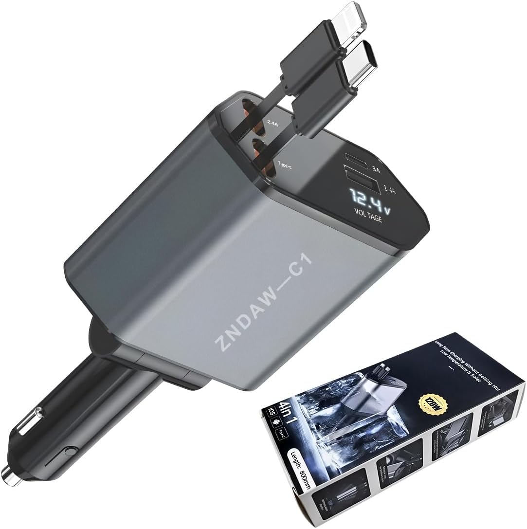 Cargador coche 4en1 120W USB-C/A doble cable