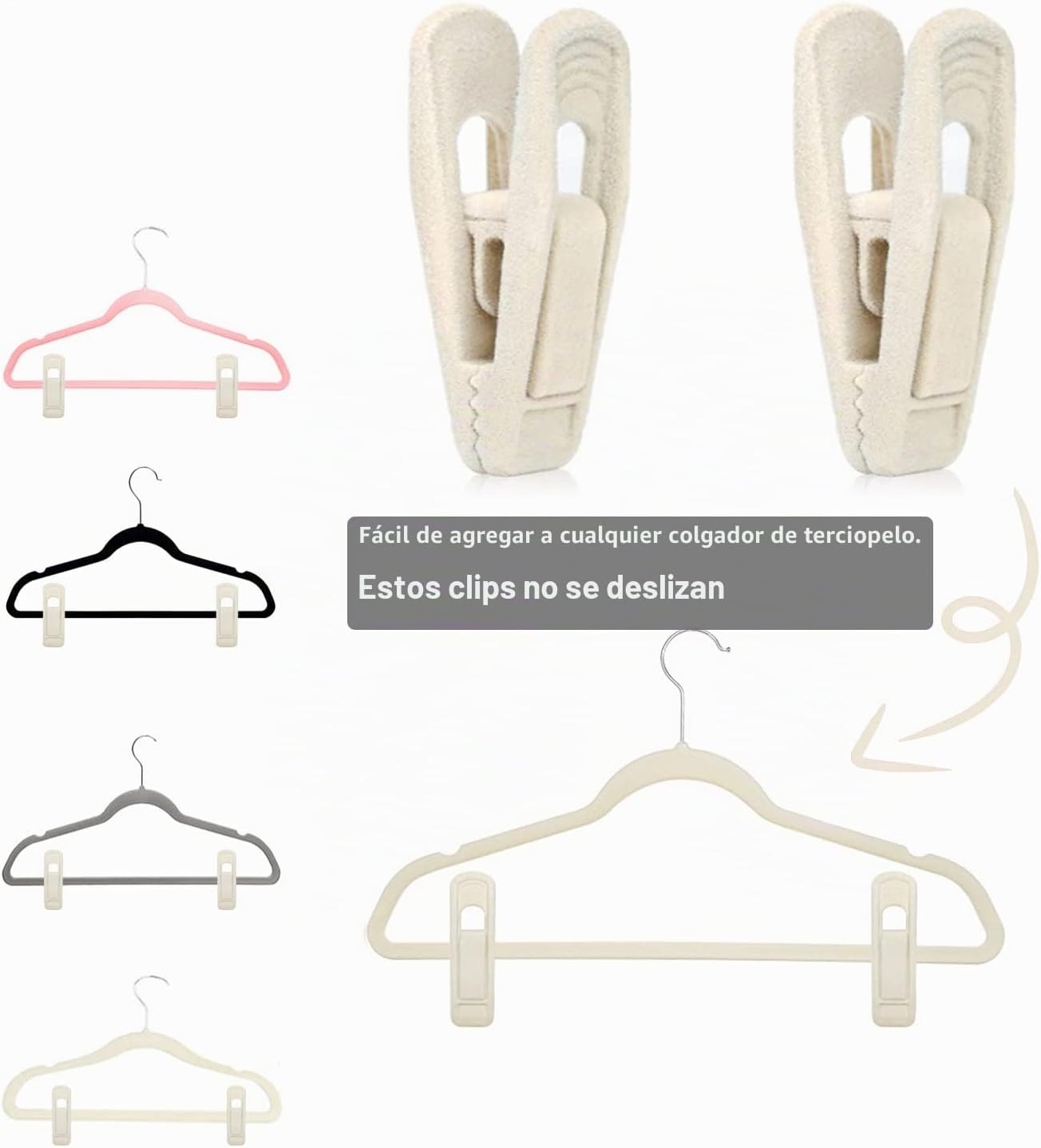 Clips terciopelo antiderrap beige para perchas 20 pzas