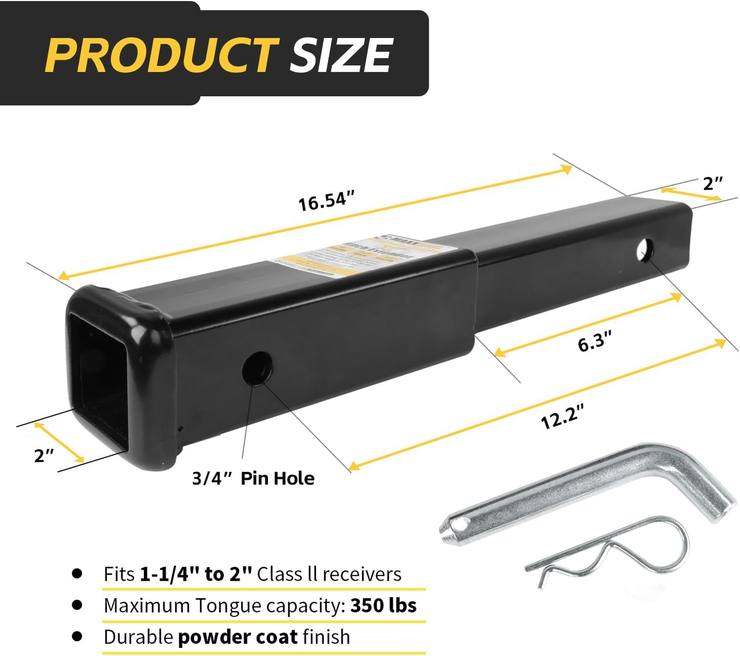 Extensión enganche remolque 12" tubo 2x2 comp 3500lb
