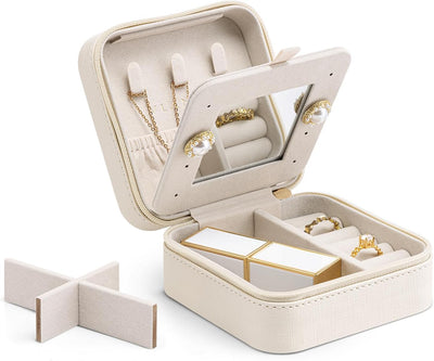 Joyero de mano con espejo para viajes color beige