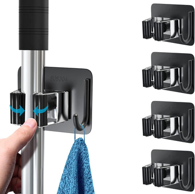 Soporte trapeador pared acero inox 4 pzas autoadhesivo