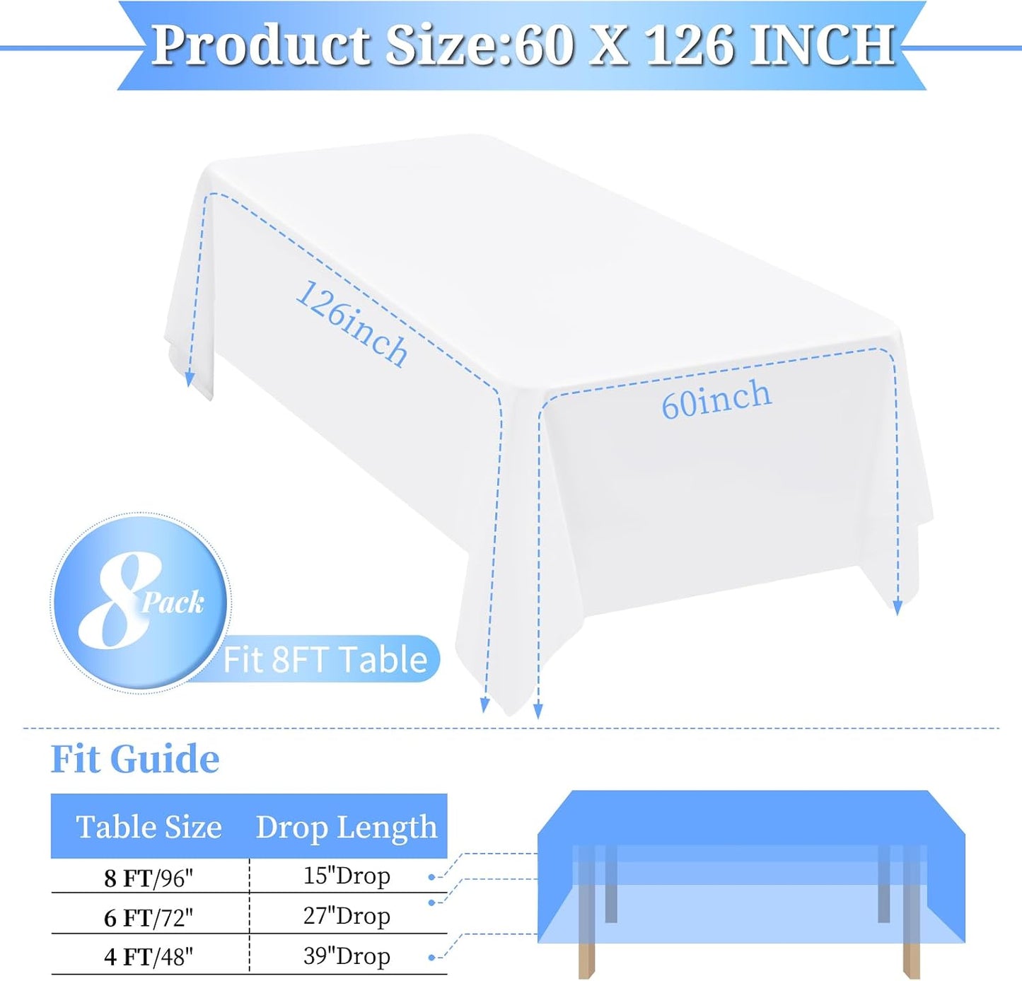 8 Manteles Blancos Poliéster 60x126pulg para Bodas y Fiestas