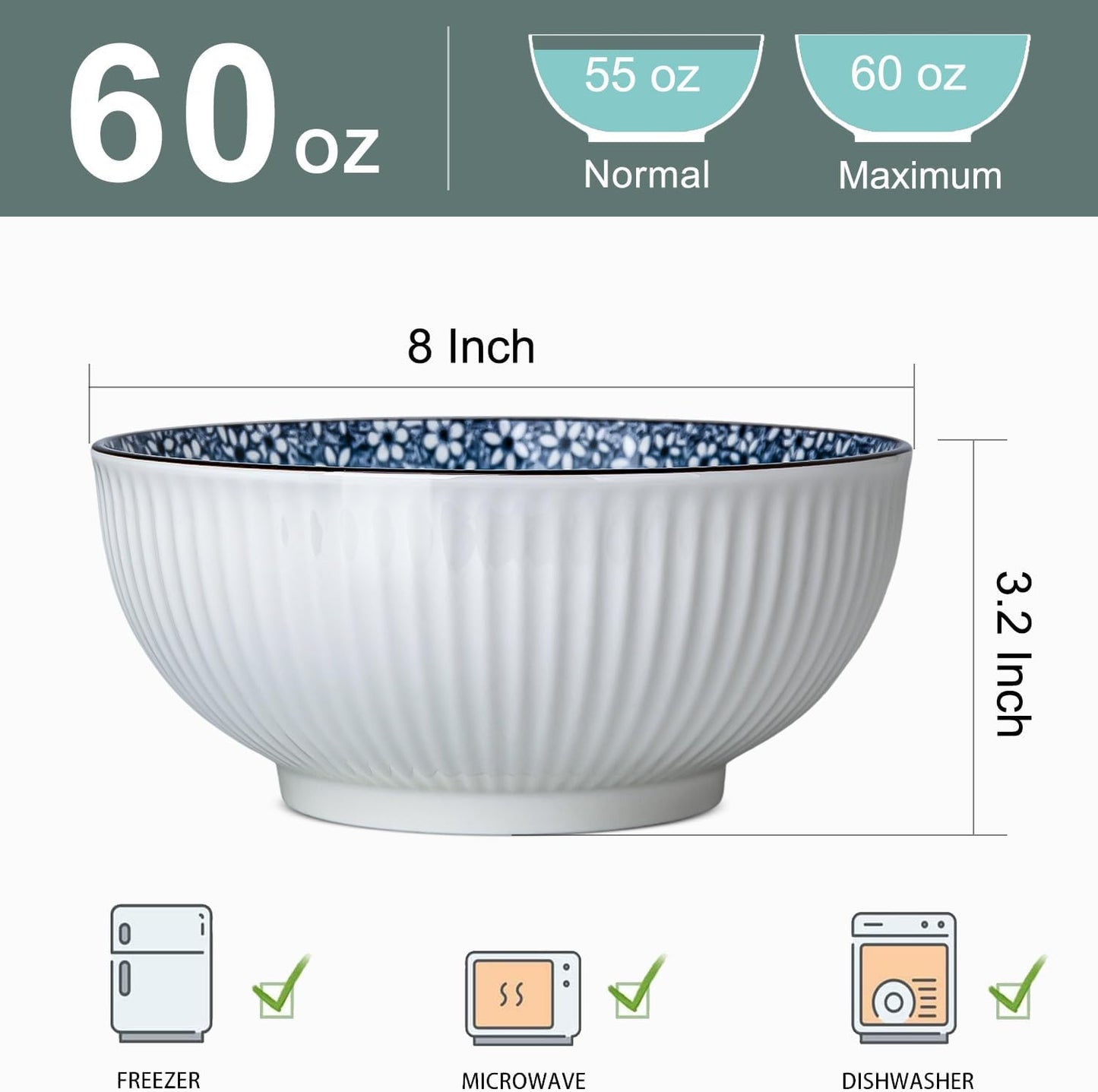 Tazones sopa 60oz cerámica japonesa 3 Pzas azul blanco