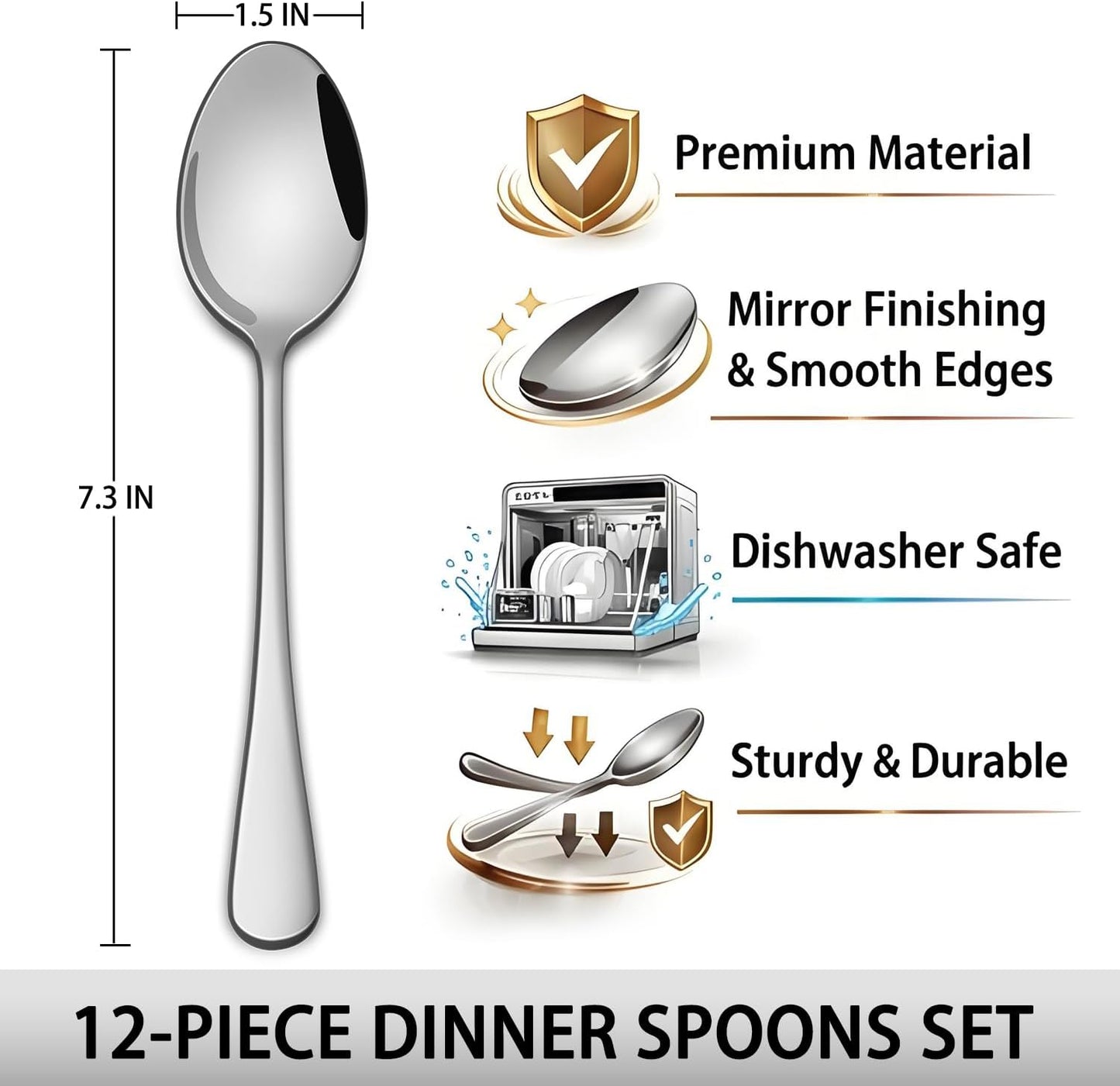 Set 12 Cucharas Acero Inox 7.3pulg para Cena y Eventos