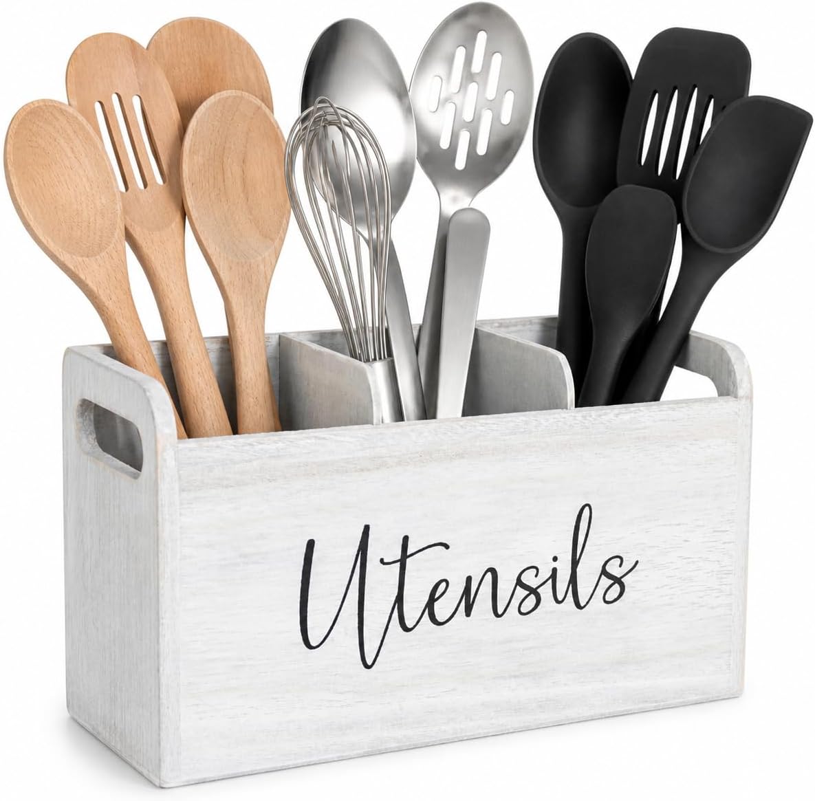 Soporte utensilios cocina madera 3 compartimentos drenaje