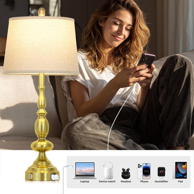 2 Lámparas Mesa 29" Sala USB Regulables 3 Vías Doradas