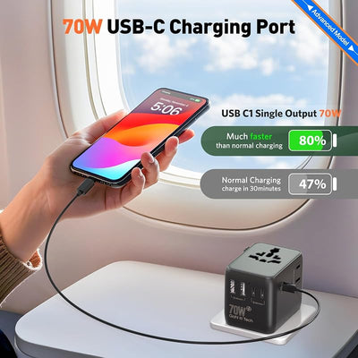 Adaptador viaje universal 70 W con 1 AC y 2 Type-A 3 Type-C