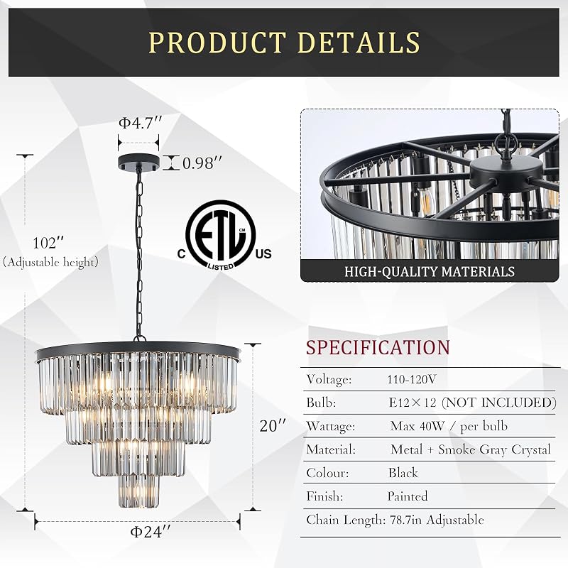 Candelabro cristal negro 24" lámpara techo 12 luces