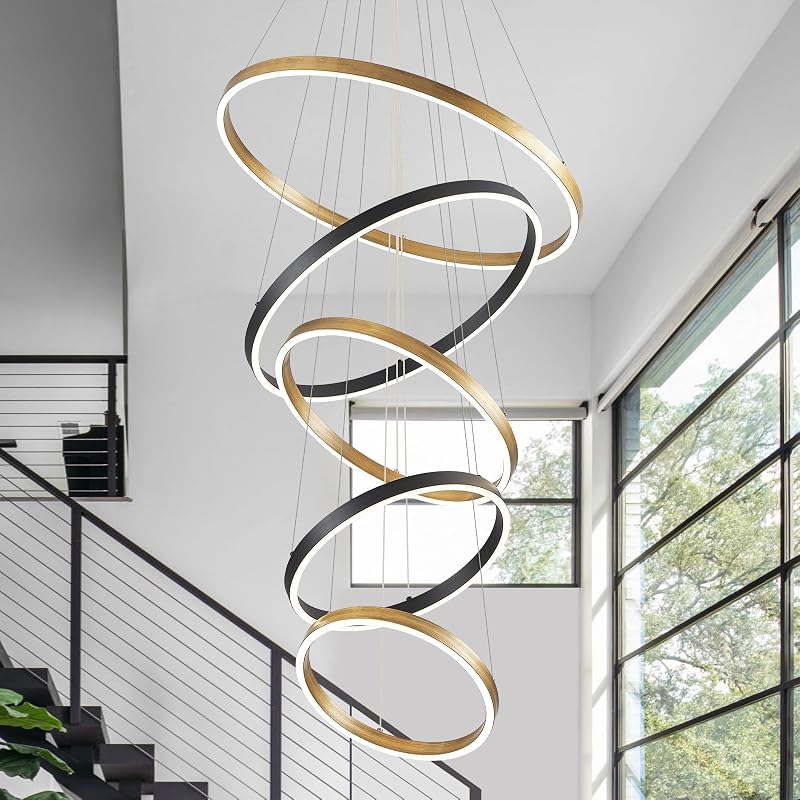Candelabro LED 5 Anillos Oro Control Remoto Techo Alto